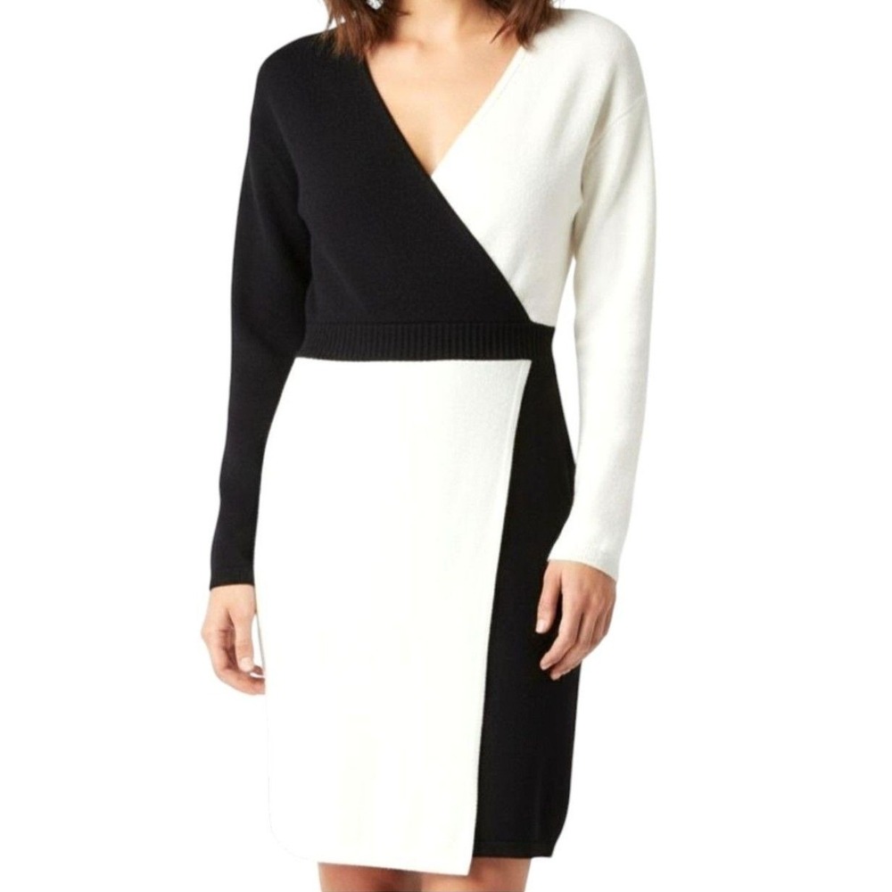 Express Sweater Dress Womens Small Black White Colorblock Faux‎ Wrap Long Sleeve